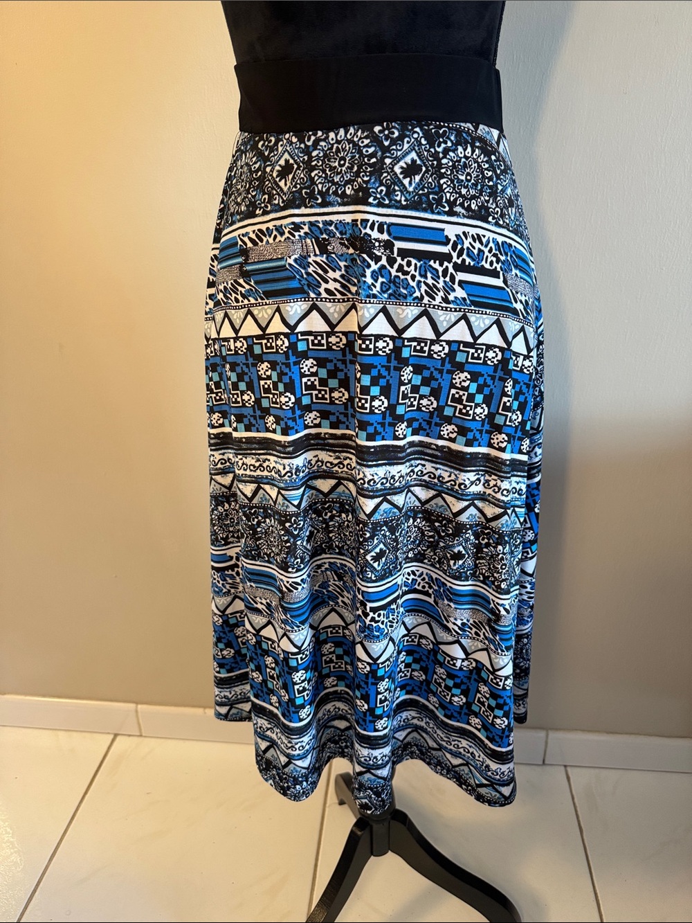 Lapis Blue, Black & White Geometric Midi Skirt
